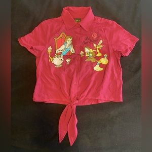 Disney Beauty and the Beast Embroidery Tie Shirt Small/Medium Maroon